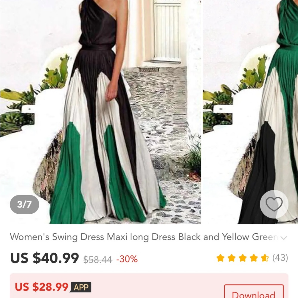 Black Green and White One Shoulder Maxi Dress
